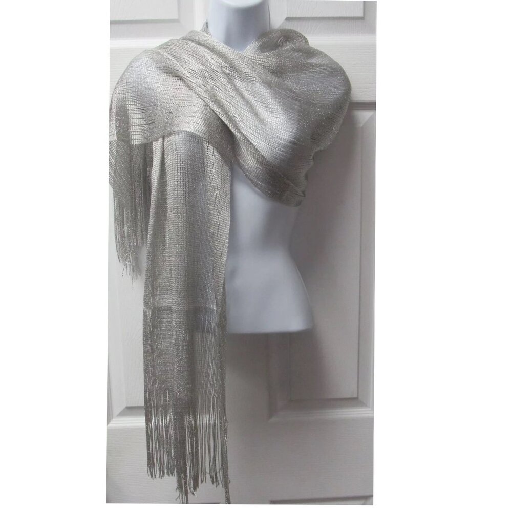 Silver Mesh Metallic Dressy Sparkle Fringed Scarf Shawl Wrap Bridal Evening